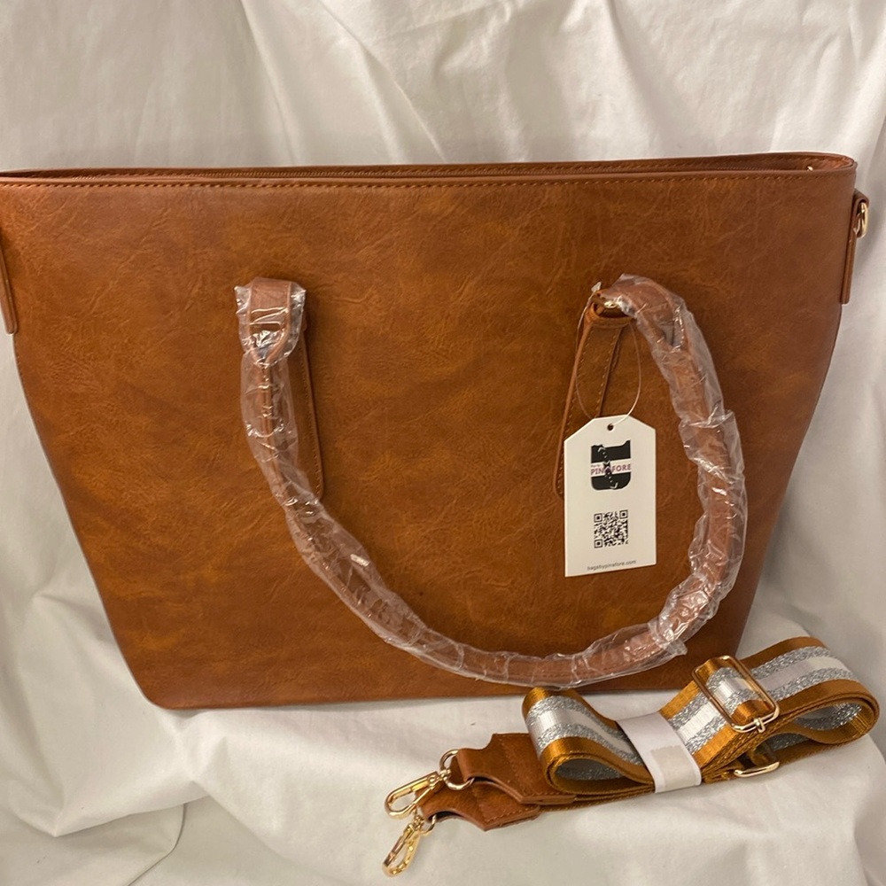 Pinafore Large Brown Vegan Leather Tote & Computer Bag w/ Adj Guitar Strap
